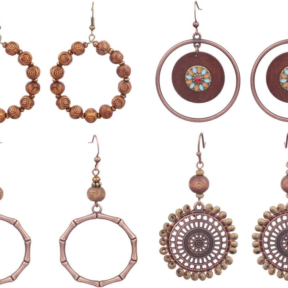 Handmade Natural Wooden Beaded Dangle Drop Earrings for Women Bohemian Geometric